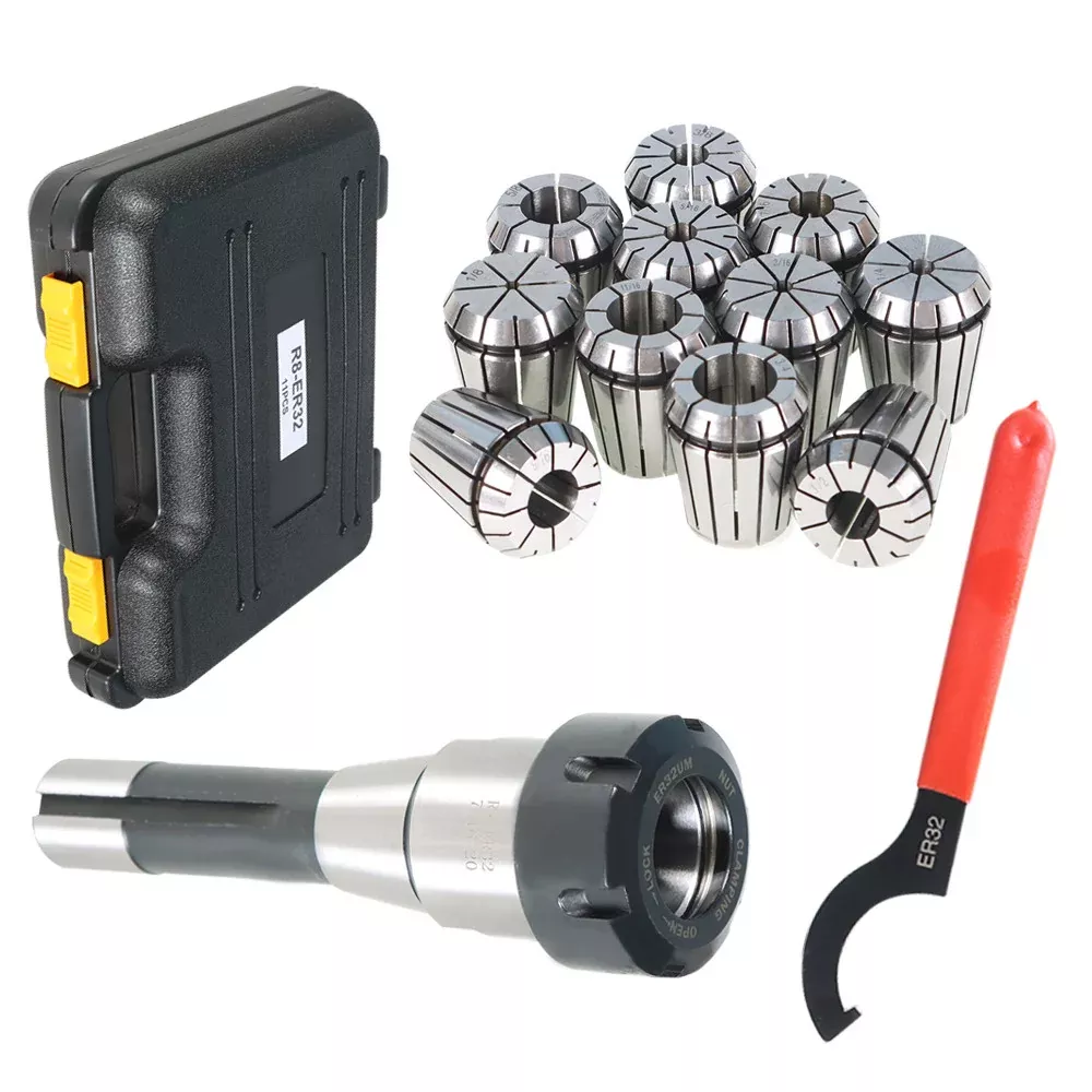 11PC ER32 Collet Set With R8 Shank ER32 Chuck & Spanner For Milling Machine