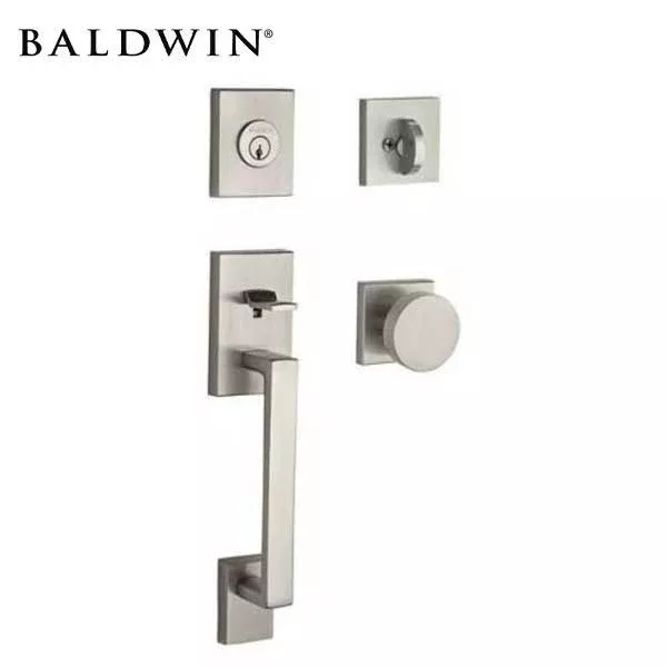 *Discontinued* Baldwin Reserve - La Jolla Contemporary Knob Handleset - Singl Cyl - Contemporary Square Rose - 150 - Satin Nickel - Grade 2