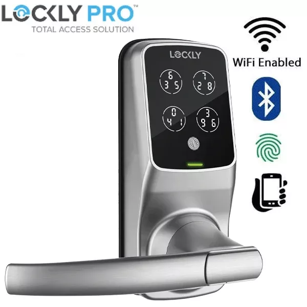 *Discontinued* Lockly - PGD628FSN - Secure PLUS Fingerprint Biometric Electronic Latch Lever Set - Keypad-Bluetooth App Controlled - Satin Nickel
