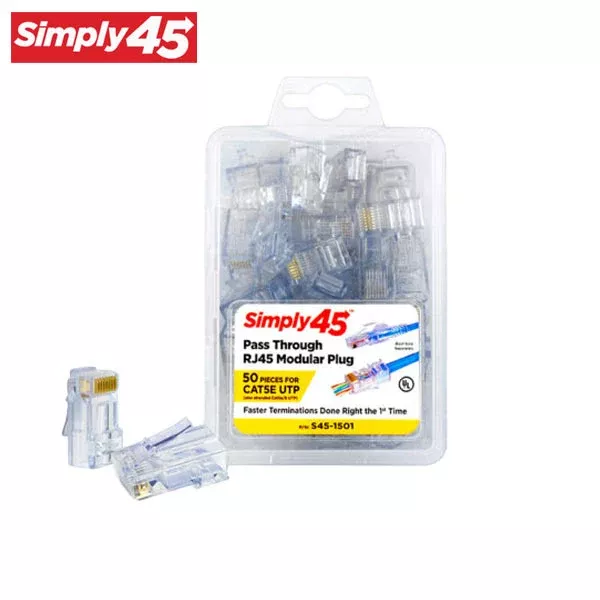 *Discontinued* Simply45 - S45-1501 - Unshielded - Pass-Through RJ45 Modular Plugs - Blue Tint - Commercial Rated - for Cat5e UTP Solid / Cat5e/6 Stranded - Clamshell of 50