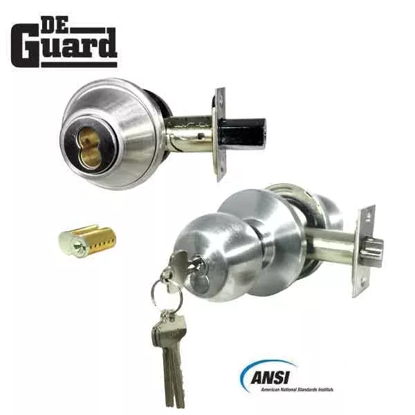 Heavy Duty IC Core Deadbolt w/ Commercial Door Knob Comboset Bundle - Includes SFIC Cores - Grade 2