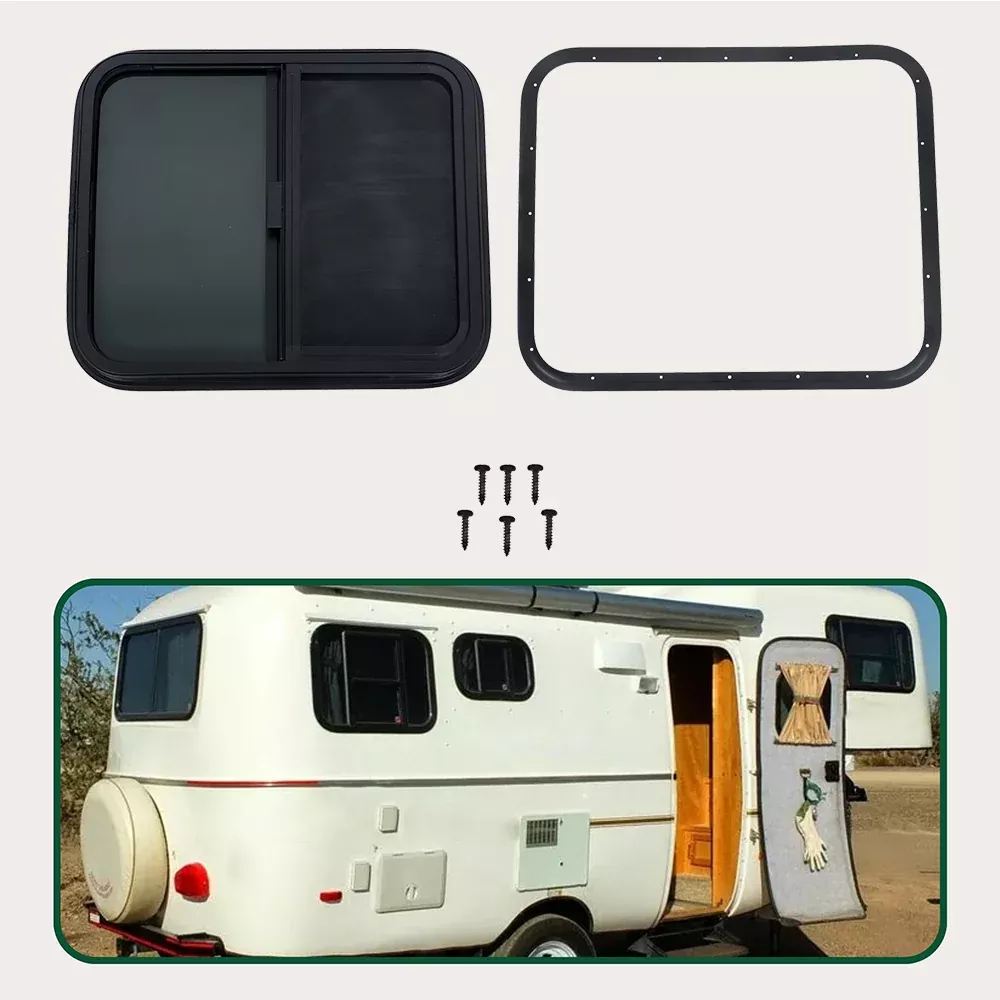 Labwork 24"X 20" Universal RV Window Horizontal Sliding Window w/Trim Ring Black