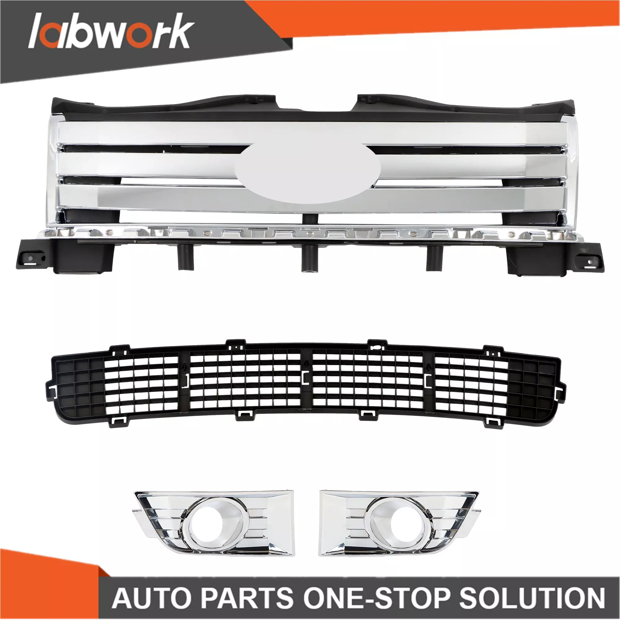Labwork Bumper Grille Assembly + 1 Pair Fog Lamp Molding For Ford Edge 2007-2010