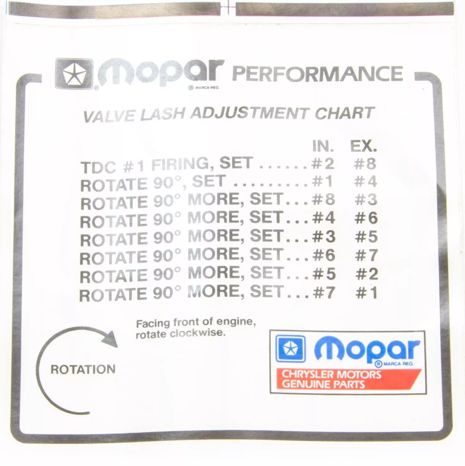 Mopar - Valve Lash Adj. Decal