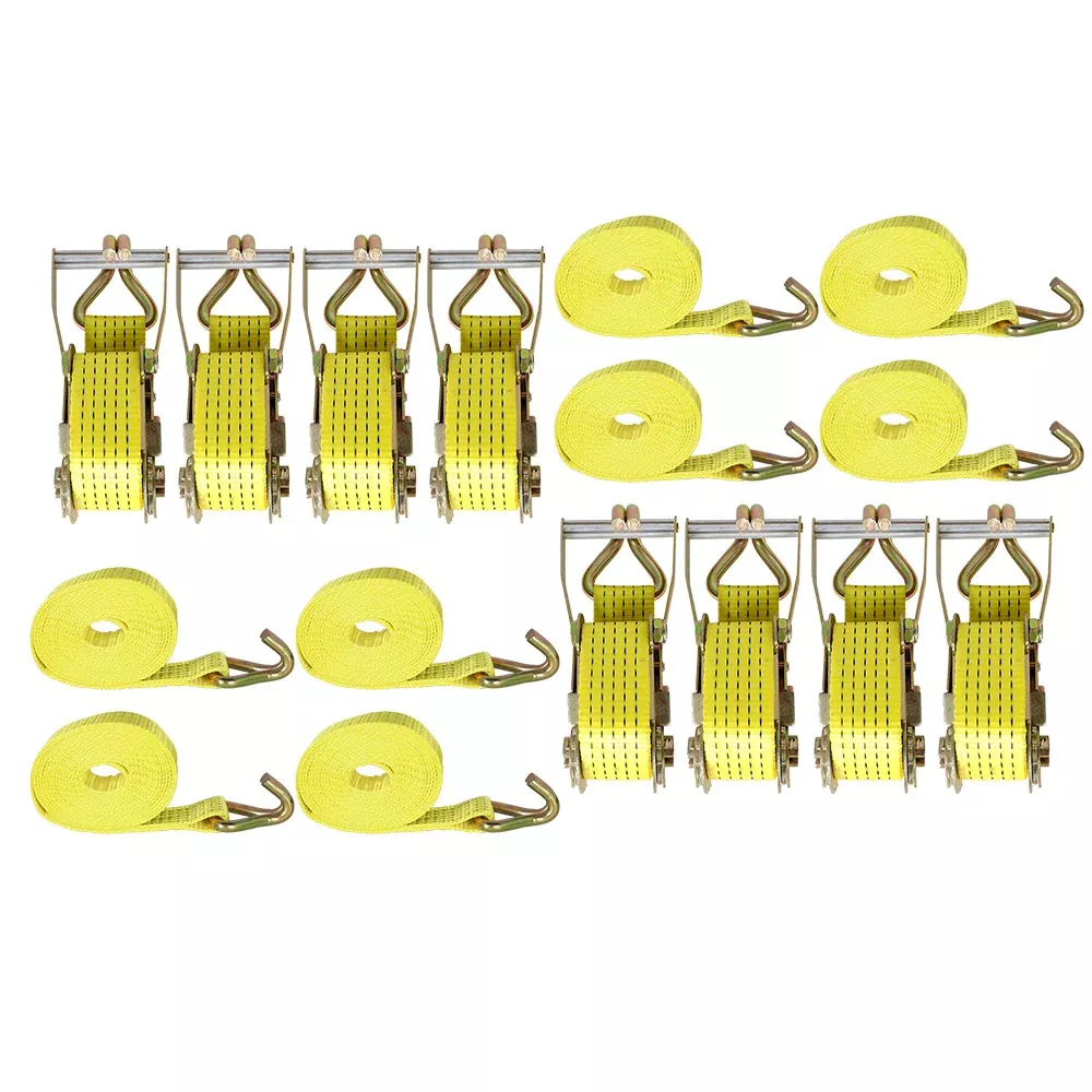New Yellow Ratchet Straps J Hook 2" x 15' 5000 Lbs Heavy Duty Tie Downs 8 Piece