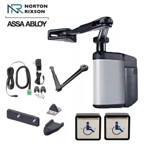 Norton - 5845 - Regenerative Door Operator ADAEZ PRO COMPLETE Kit - Push & Pull Mounting - Narrow Buttons - Satin Aluminum - Grade 1