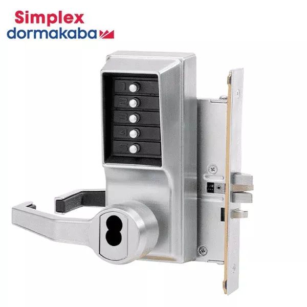 Simplex - LR8146 - Mechanical Pushbutton Mortise Lever Set - Combination/Passage/Lockout - SFIC - 2¾" Backset - Satin Chrome - LHR