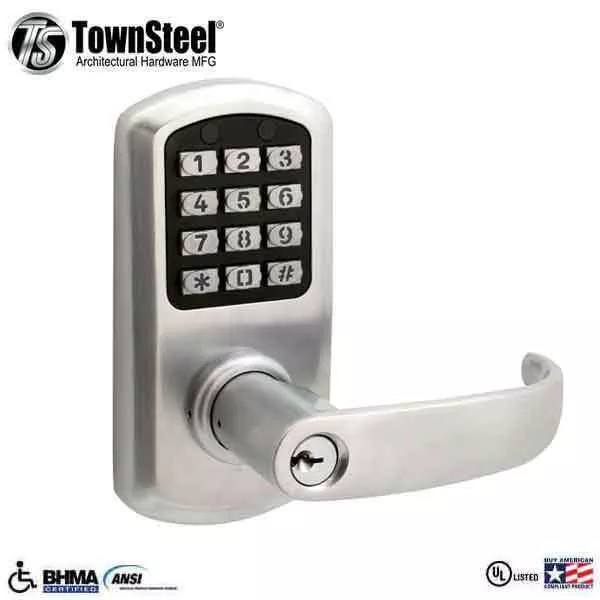 TownSteel - e-Elite 2010 - Electronic Push Button Lever Set - 2-3/4″ Backset - Rigid Lever Set - Satin Chrome- Key Override - Grade 1