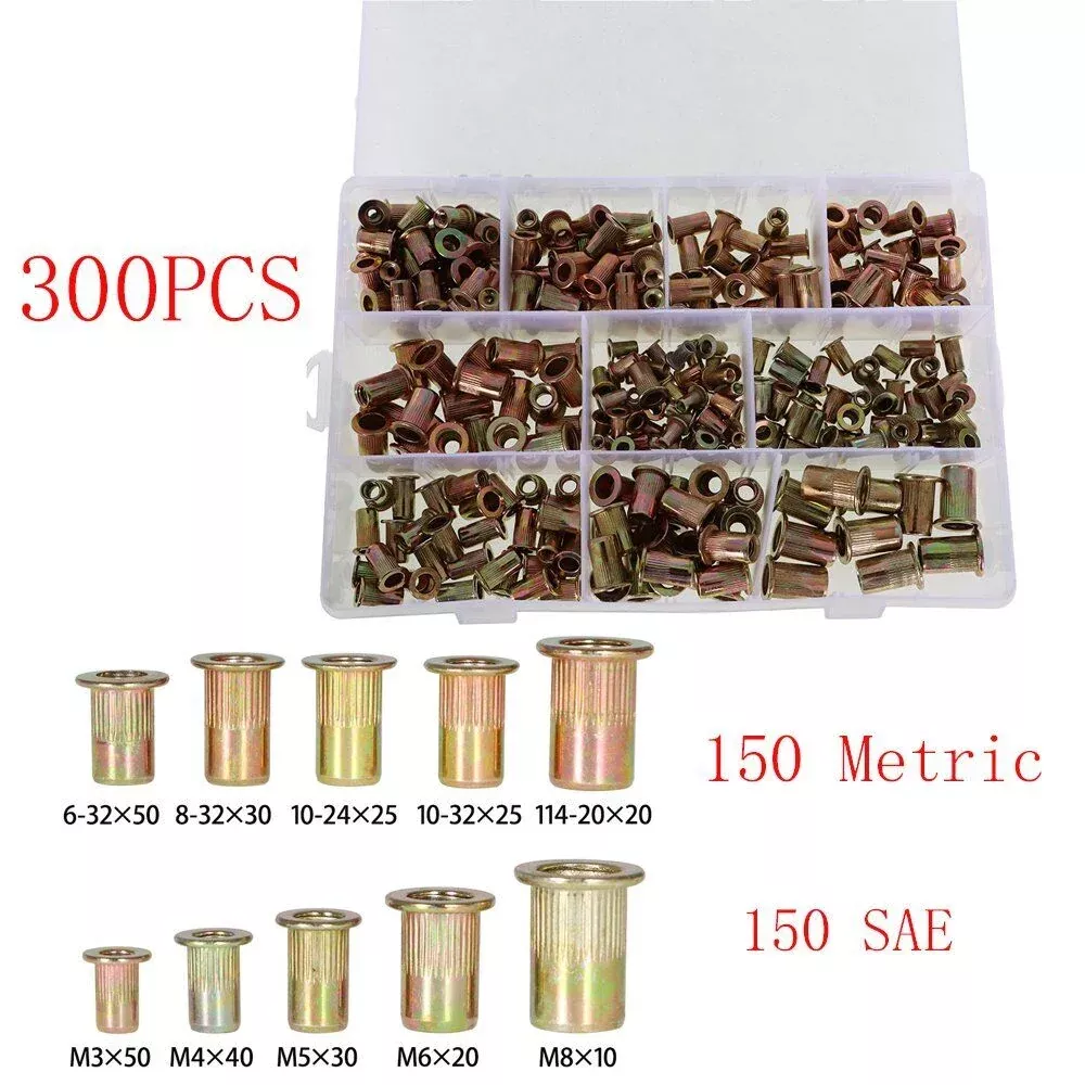 Zinc Steel Rivet Nut KitRivnut 300Pack Nutsert Assort 150Pcs Metric+150Pcs SAE